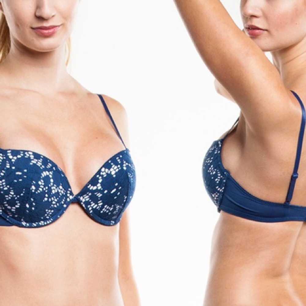 Oak & Rush 34 D Bra Push Up Blue White lace Eyelet